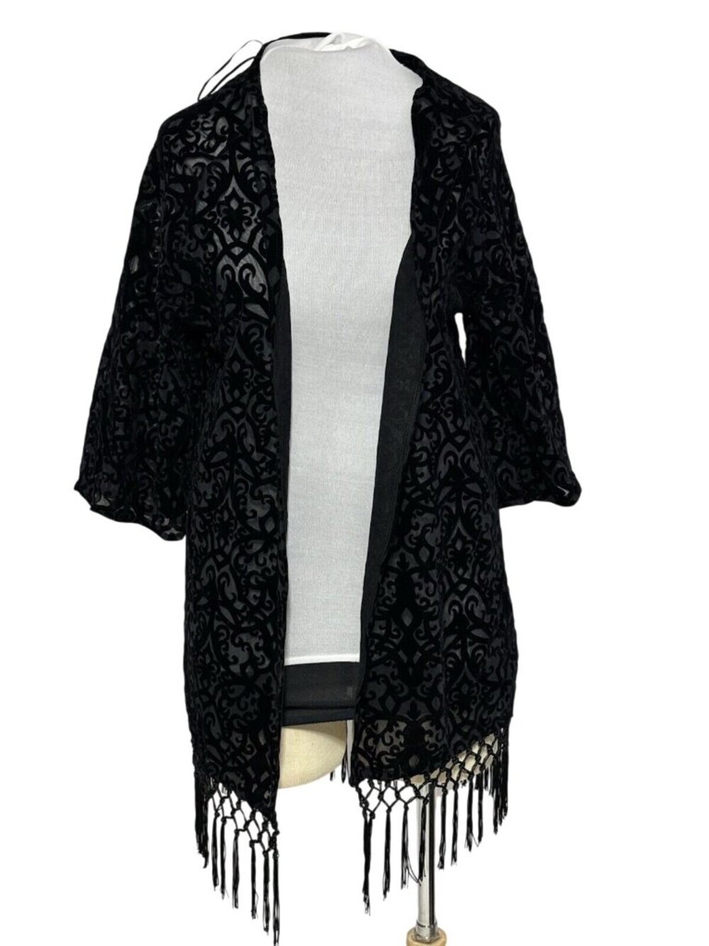 Divided H&M Womens Open Front Fringe Cardigan Color Black Floral Pattern Size Xs